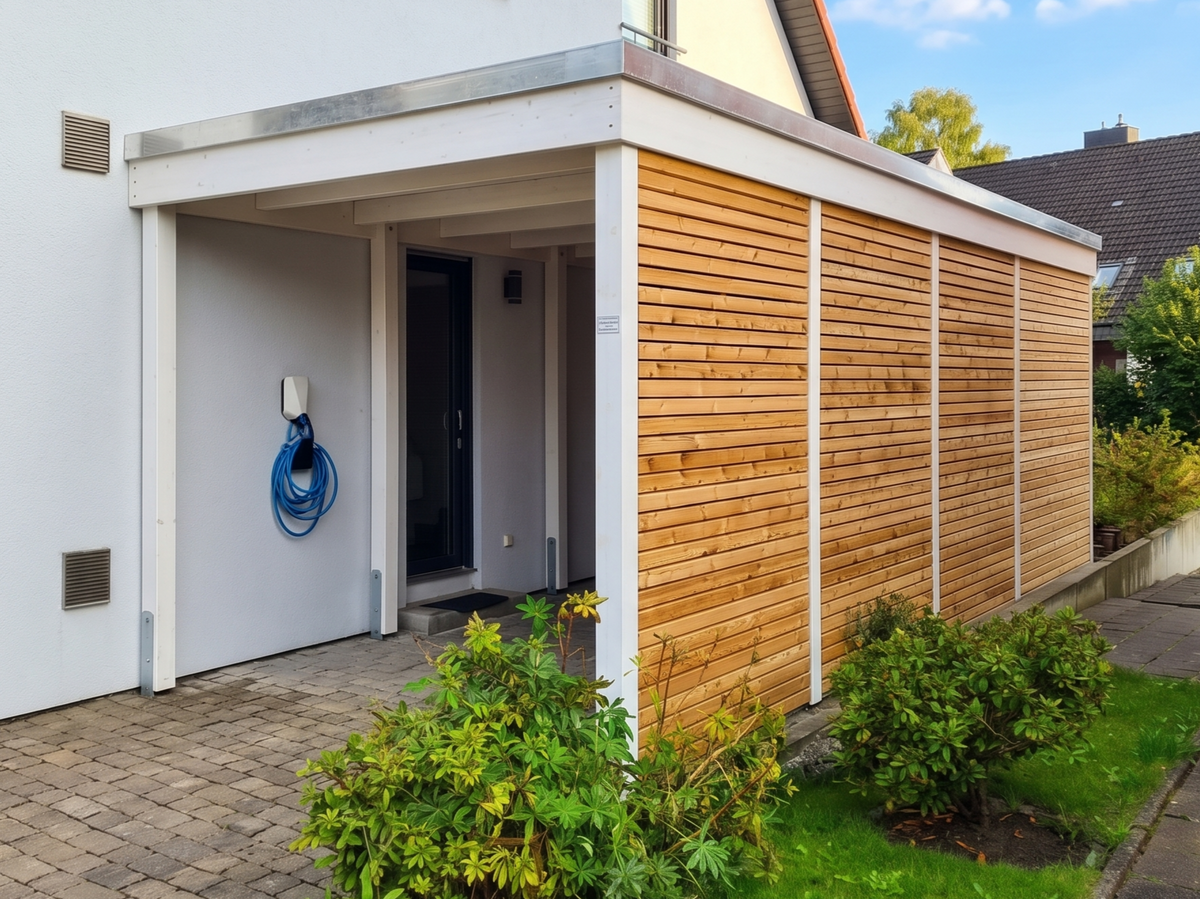 Einzelcarport KLARE LINIE mit weißer Konstruktion und Holzverkleidung