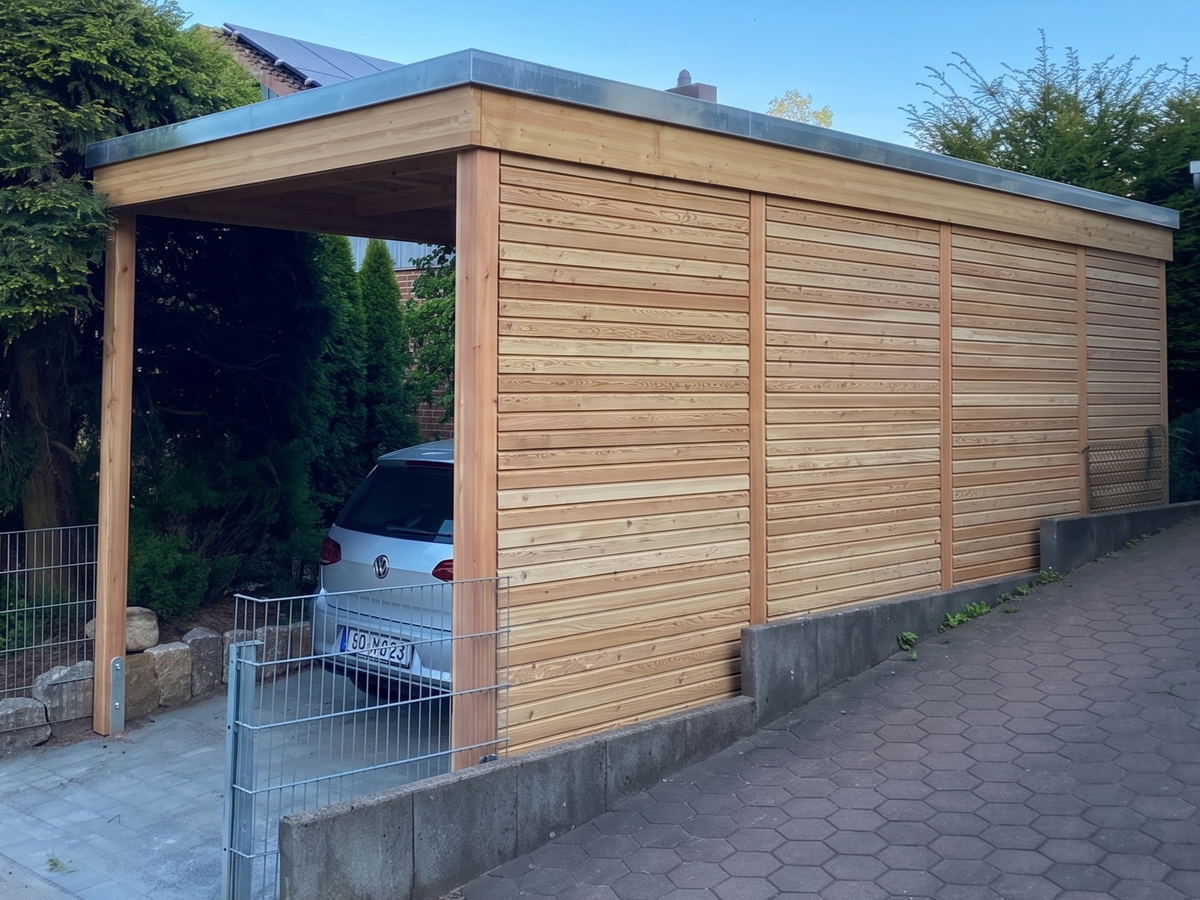 Carport KLARE LINIE mit hoher Seitenwand und Abstellraum in Lärche