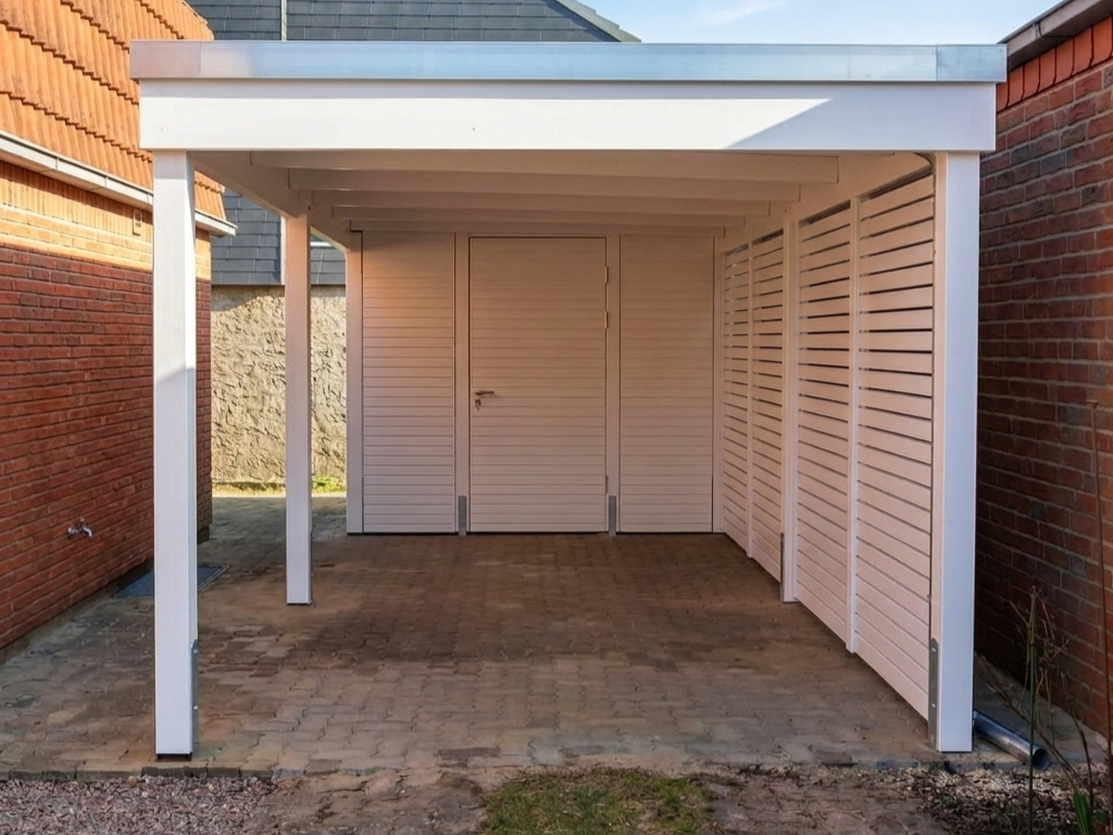 weißer CArport klare Linie modern mit weißen Wänden