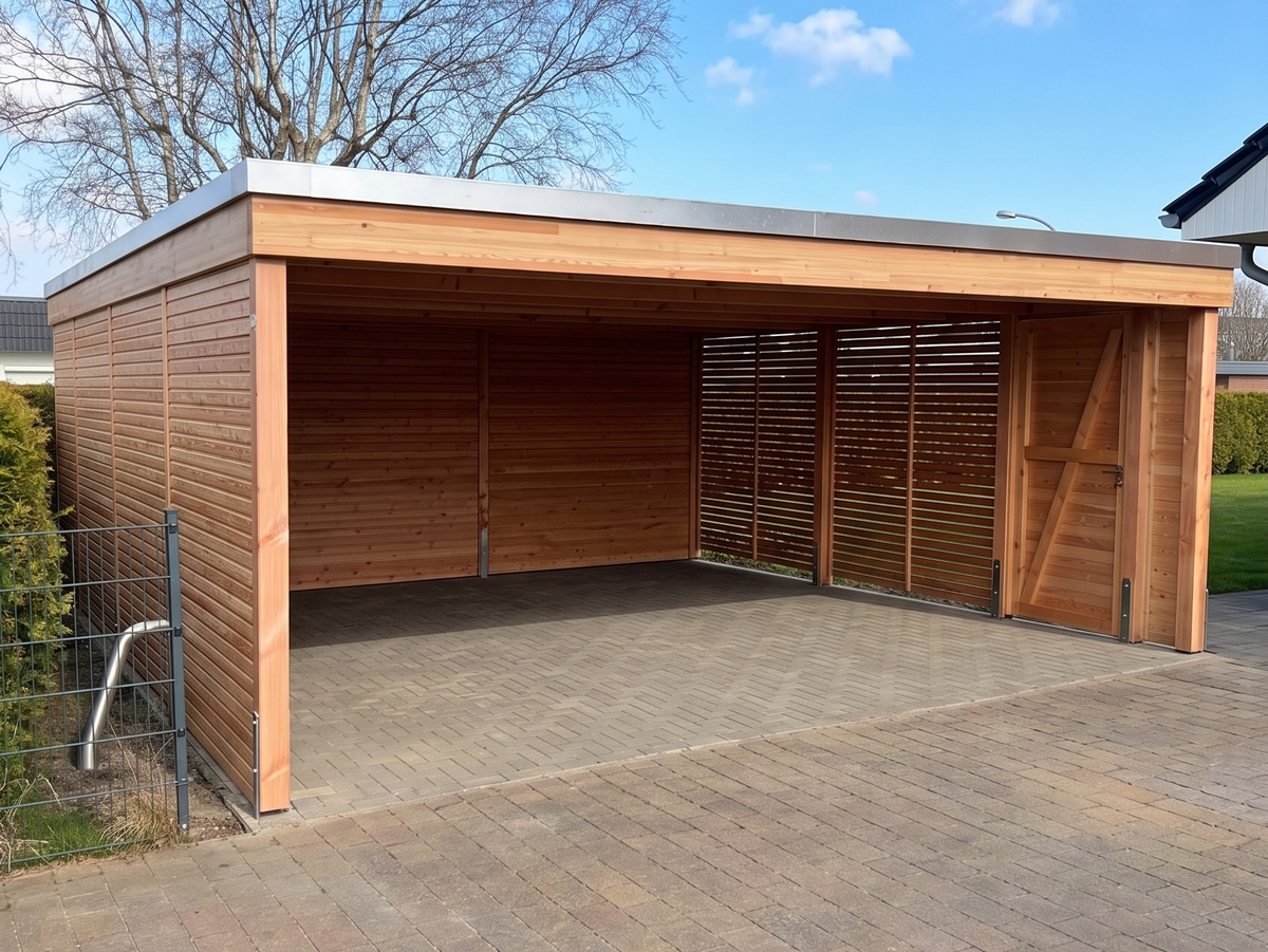 Doppelcarport KLARE LINIE mit seitlicher Tür und Lärchenverkleidung