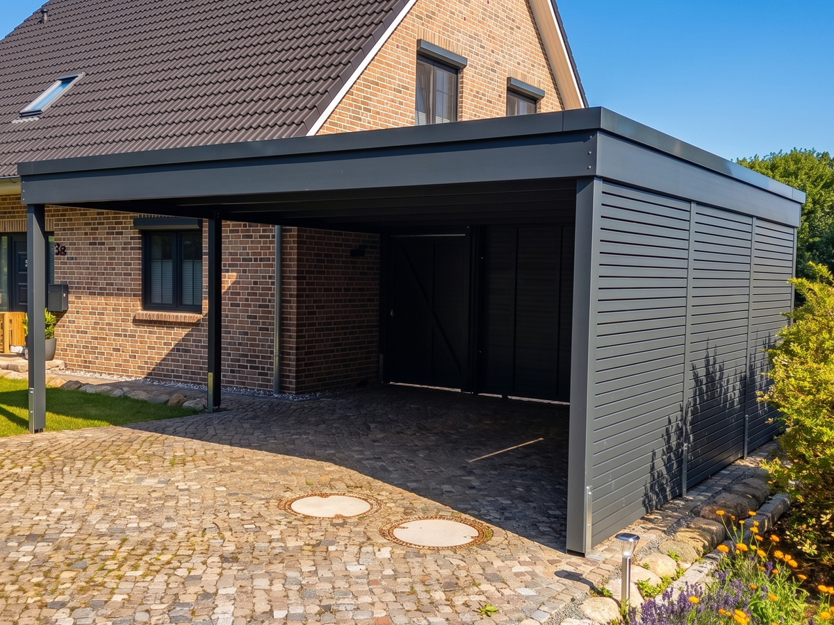 Carport KLARE LINIE mit anthrazitfarbenem Dachrandprofil und Seitenwand