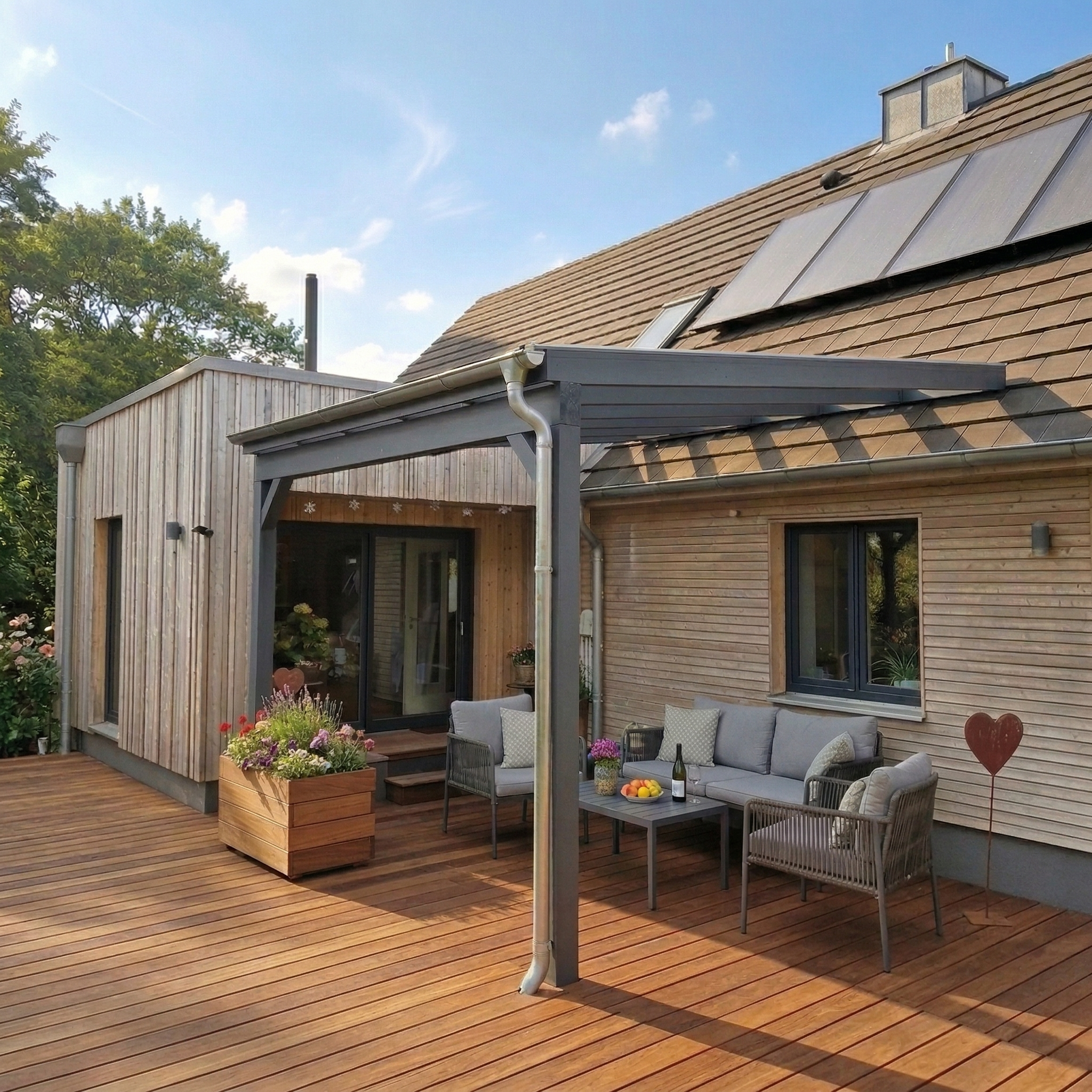Terrassendach mit Wandanbau aus Glas (VSG) – maßgefertigt aus BSH – FREESE Holz
