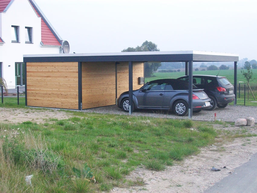 Modernes Doppelcarport KLARE LINIE mit Abstellraum - FREESE Holz