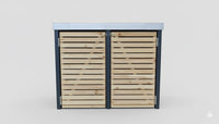 Zweiteilige Mülltonnenbox aus Lärchenholz mit anthrazitfarbenem Rahmen und Randprofil aus Aluminium. Moderne Verkleidung im Rhombusdesign.