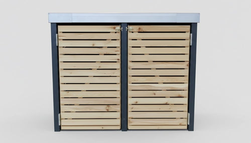 Zweiteilige Mülltonnenbox aus Lärchenholz mit anthrazitfarbenem Rahmen und Randprofil aus Aluminium. Moderne Verkleidung im Rhombusdesign.