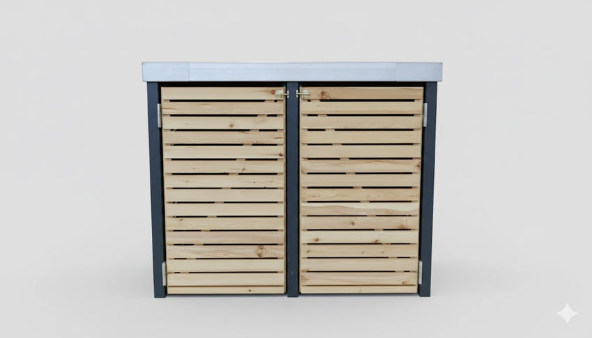 Zweiteilige Mülltonnenbox aus Lärchenholz mit anthrazitfarbenem Rahmen und Randprofil aus Aluminium. Moderne Verkleidung im Rhombusdesign.