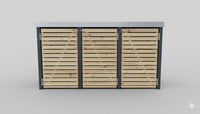Dreiteilige Mülltonnenbox aus Lärchenholz mit anthrazitfarbenem Rahmen und Randprofil aus Aluminium. Moderne Verkleidung im Rhombusdesign.