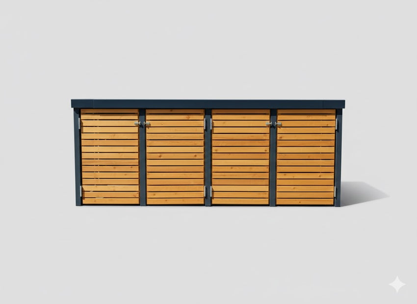 Vierteilige Mülltonnenbox aus Lärchenholz mit anthrazitfarbenem Rahmen und Randprofil aus Aluminium. Moderne Verkleidung im Rhombusdesign.