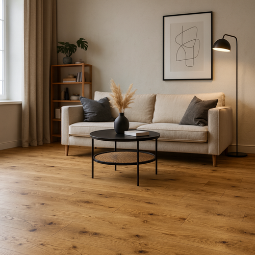 Wohnraum mit Oster Aktions-Parkett Eiche Country natur geölt, erhältlich in SH/HH