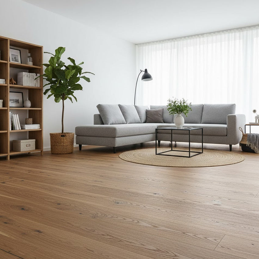 Wohnraum mit Oster Aktions-Parkett Eiche Rustikal natur geölt, erhältlich in SH/HH