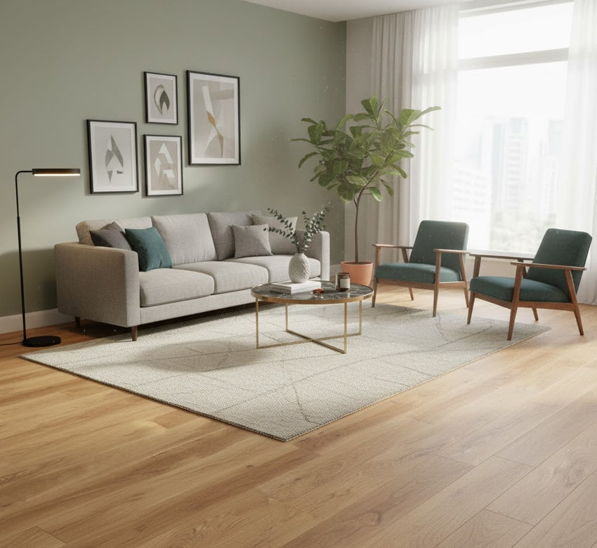 Helles Wohnzimmer mit großen Fenstern, Eiche-Massivholzdielen, grauem Sofa, zwei grünen Sesseln, Teppich und modernem Couchtisch vor pastellgrüner Wand.