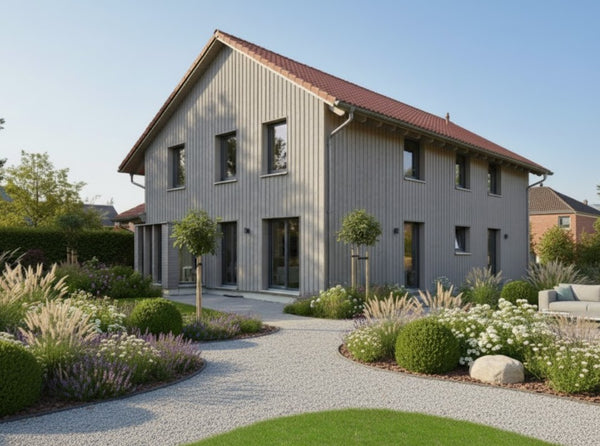 Modernes Einfamilienhaus mit waagerechter Holzfassade in Vergrauungslasur