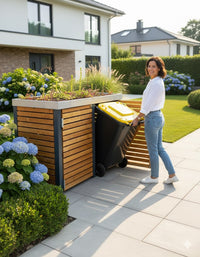Moderne Mülltonnenbox aus Lärchenholz mit Gründach im Garten. Eine Frau öffnet die Box und stellt eine Mülltonne hinein. Hochwertige Optik.