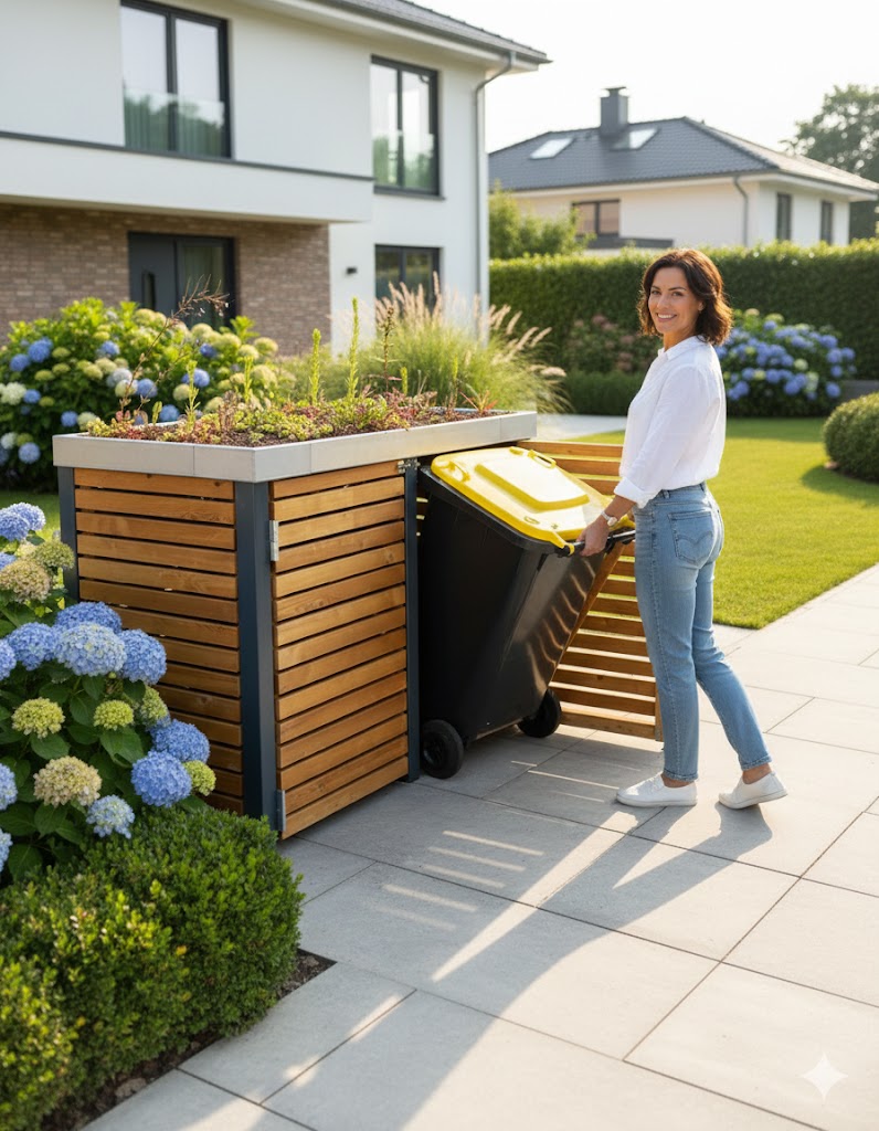 Moderne Mülltonnenbox aus Lärchenholz mit Gründach im Garten. Eine Frau öffnet die Box und stellt eine Mülltonne hinein. Hochwertige Optik.