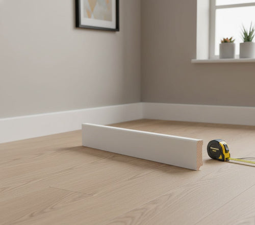 Weiße Sockelleiste auf hellem Holzfußboden in einem modern eingerichteten Raum