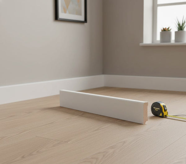 Weiße Sockelleiste auf hellem Holzfußboden in einem modern eingerichteten Raum