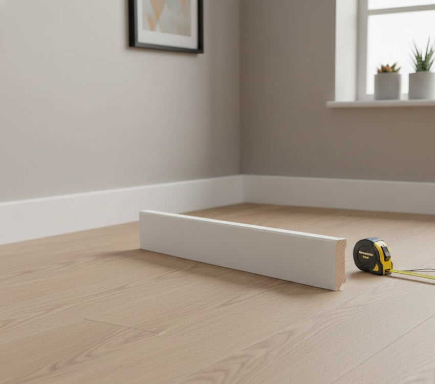 Weiße Sockelleiste auf hellem Holzfußboden in einem modern eingerichteten Raum