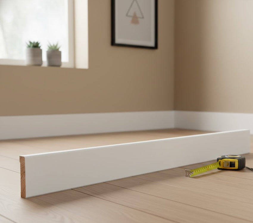 Weiße Sockelleiste auf hellem Holzfußboden in einem modern eingerichteten Raum
