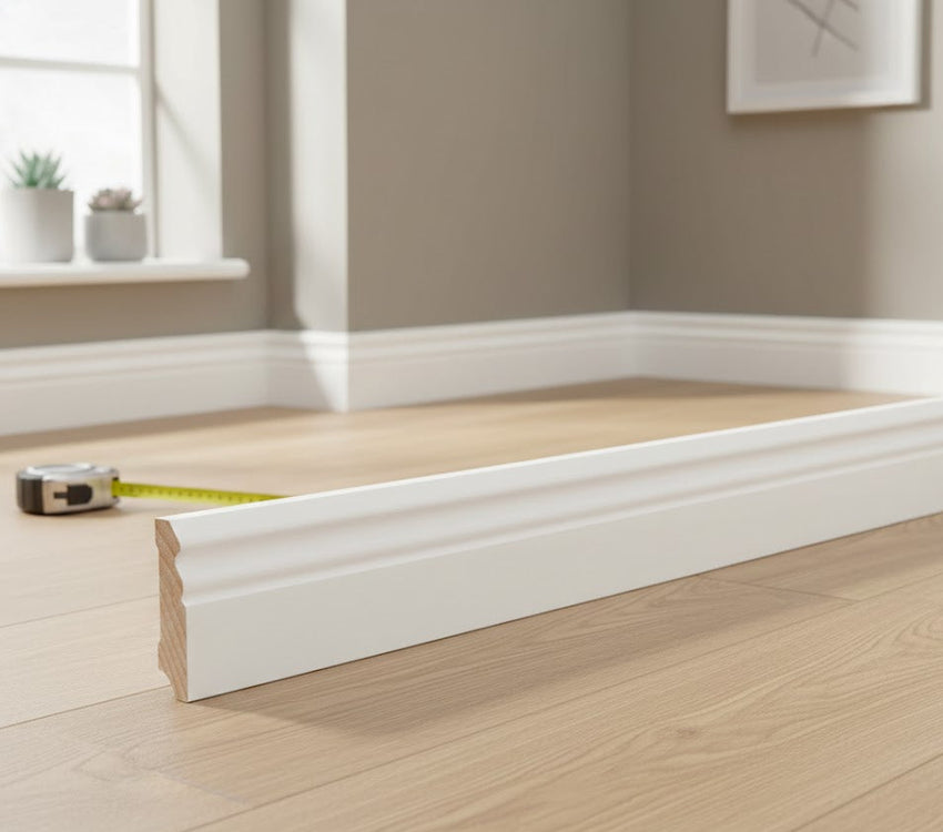 Profilierte weiße Sockelleiste aus massiver Kiefer in modernem Wohnraum.