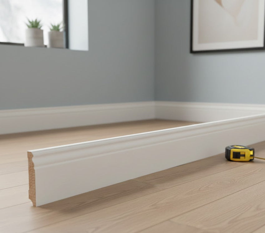 Profilierte weiße Sockelleiste aus massiver Kiefer in modernem Wohnraum.