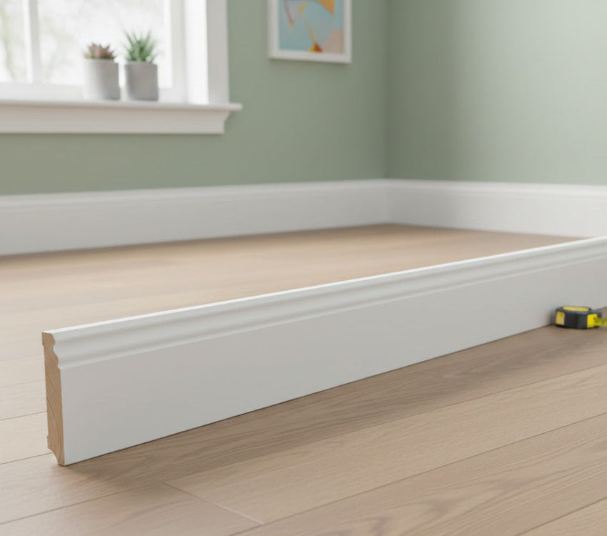 Profilierte weiße Sockelleiste aus massiver Kiefer in modernem Wohnraum.