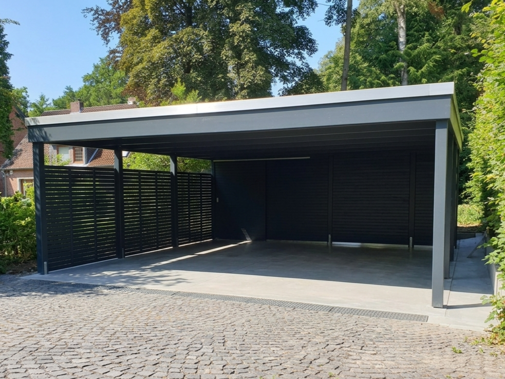 Doppelcarport KLARE LINIE in Anthrazit mit Rhombusleisten und Abstellraum