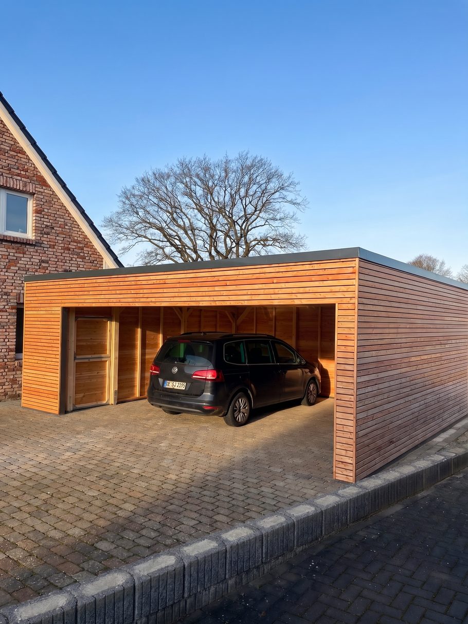 Doppelcarport_Natur_Laerche_Rhombus_mit_schwarzer_Feder