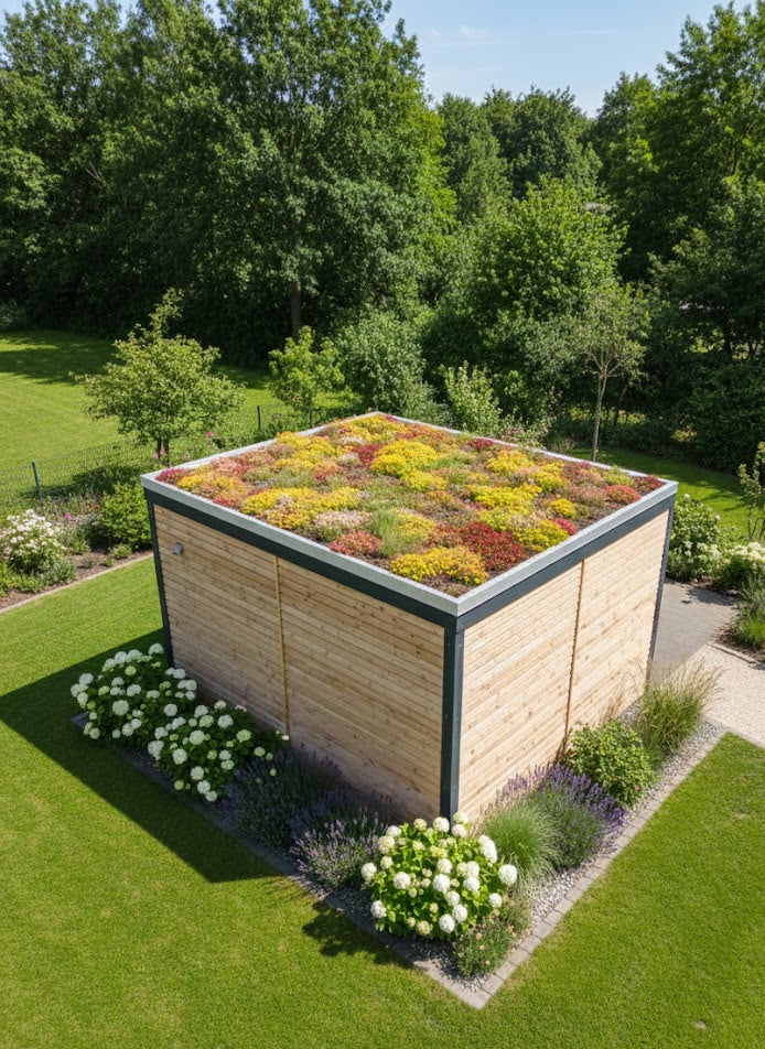 Gartenhaus aus Lärchenholz mit modernem Gründach und Rhombusschalung, umgeben von gepflegtem Rasen und Blumenbeeten