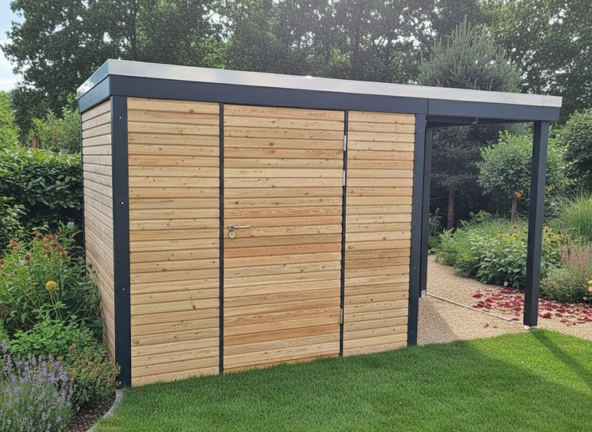 Modernes Gartenhaus aus Lärche mit Rhombusschalung und kurzem seitlichen Vordach, umgeben von gepflegtem Rasen