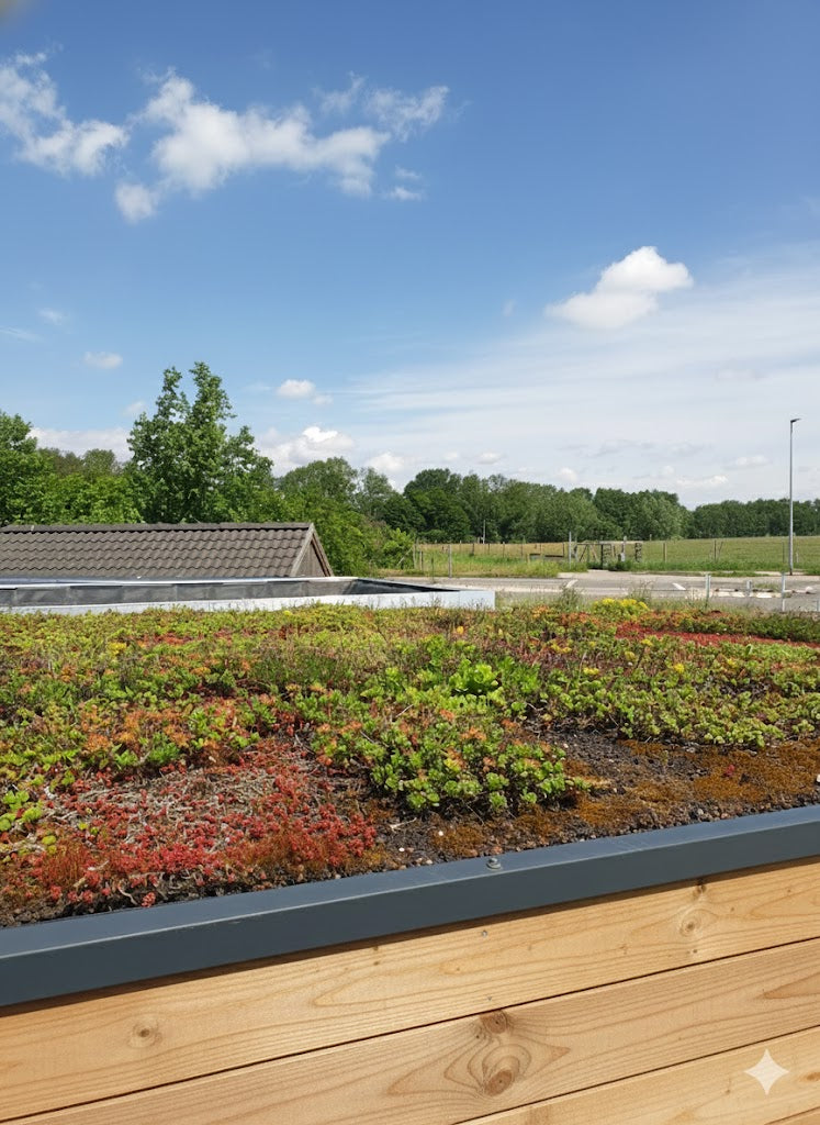 Detailaufnahme eines Gründachs mit  Sedum-Pflanzen und Substrat auf einem modernen Gartenhaus.