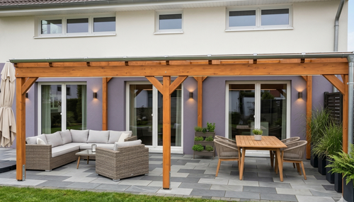 Freistehendes Terrassendach mit Stegplatten (16 mm Polycarbonat) – maßgefertigt aus BSH