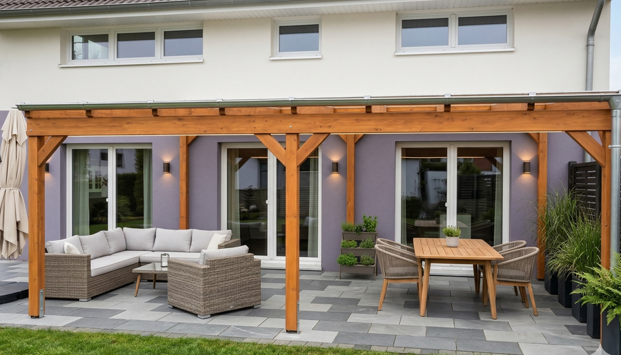 Freistehendes Terrassendach mit Stegplatten (16 mm Polycarbonat) – maßgefertigt aus BSH