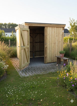 Holzgerätehaus mit Gründach und geöffneter Tür auf gepflasterter Fläche im Garten, umgeben von Wiese und Blumen