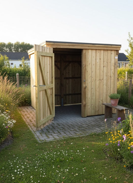 Holzgerätehaus mit Gründach und geöffneter Tür auf gepflasterter Fläche im Garten, umgeben von Wiese und Blumen