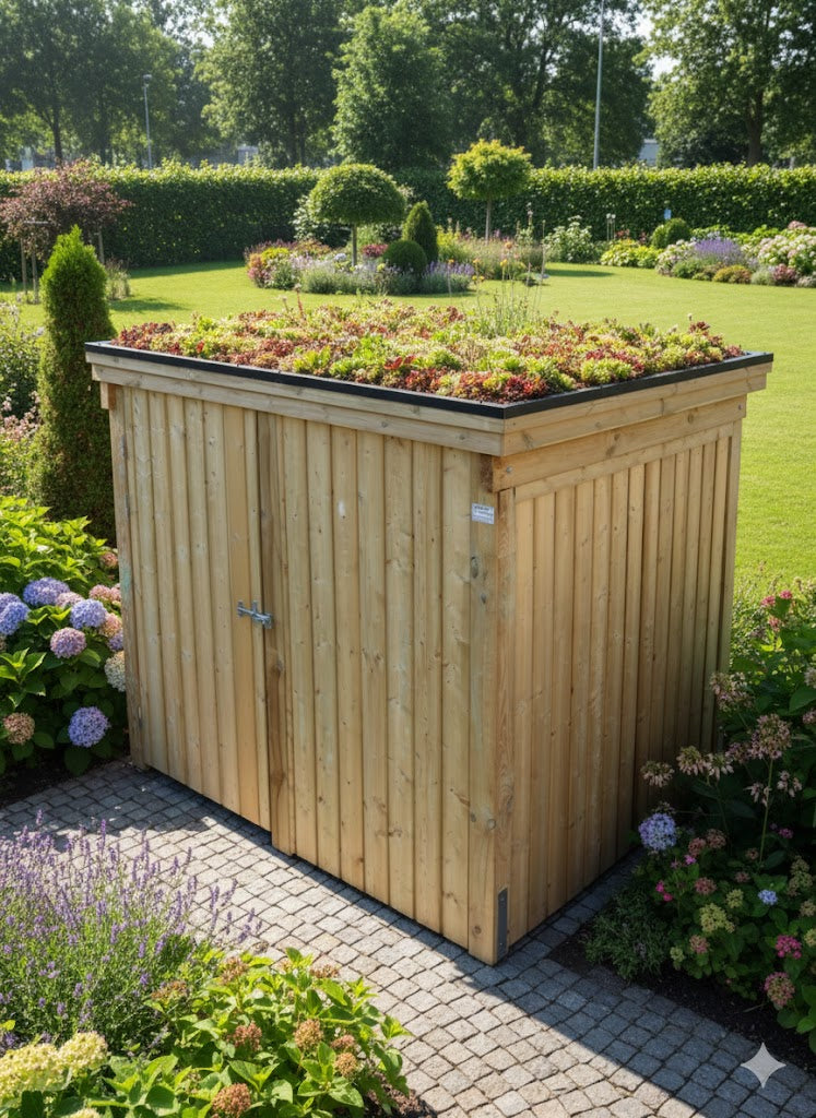 Holzgerätehaus mit Gründach im gepflegten Garten, umgeben von blühenden Blumen, Terrasse und Wegen