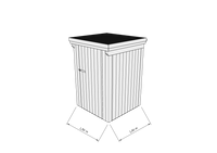 Technische Skizze eines Holzgerätehauses mit Tür, Wänden, Dach in Frontalansicht