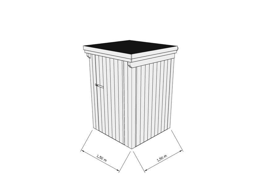 Technische Skizze eines Holzgerätehauses mit Tür, Wänden, Dach in Frontalansicht