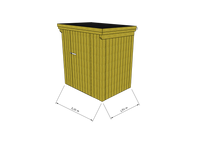 Technische Skizze eines Holzgerätehauses mit Tür, Wänden, Dach in Frontalansicht