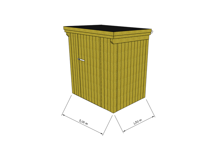 Technische Skizze eines Holzgerätehauses mit Tür, Wänden, Dach in Frontalansicht