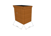 Technische Skizze eines Holzgerätehauses mit Tür, Wänden, Dach in Frontalansicht