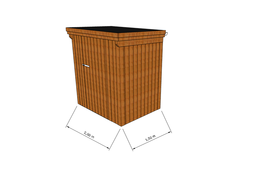Technische Skizze eines Holzgerätehauses mit Tür, Wänden, Dach in Frontalansicht