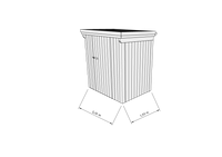 Technische Skizze eines Holzgerätehauses mit Tür, Wänden, Dach in Frontalansicht