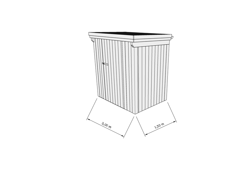 Technische Skizze eines Holzgerätehauses mit Tür, Wänden, Dach in Frontalansicht
