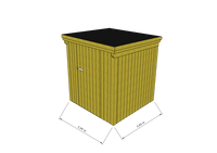 Technische Skizze eines Holzgerätehauses mit Tür, Wänden, Dach in Frontalansicht