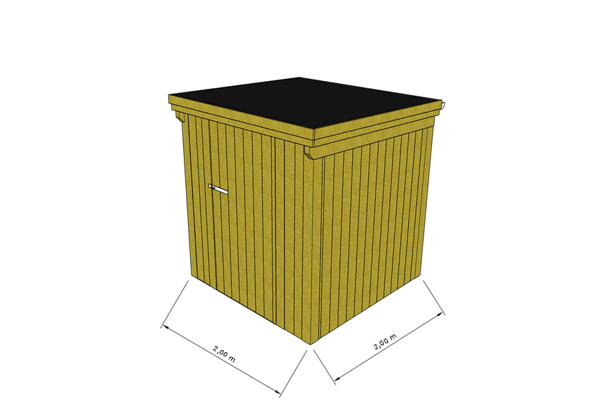 Technische Skizze eines Holzgerätehauses mit Tür, Wänden, Dach in Frontalansicht