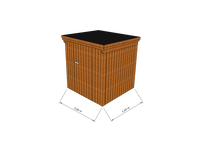 Technische Skizze eines Holzgerätehauses mit Tür, Wänden, Dach in Frontalansicht