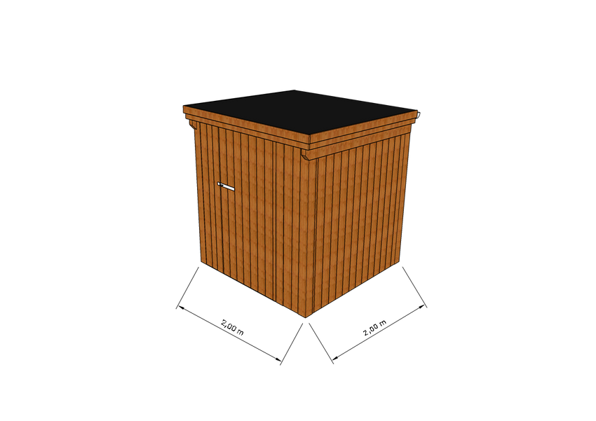 Technische Skizze eines Holzgerätehauses mit Tür, Wänden, Dach in Frontalansicht