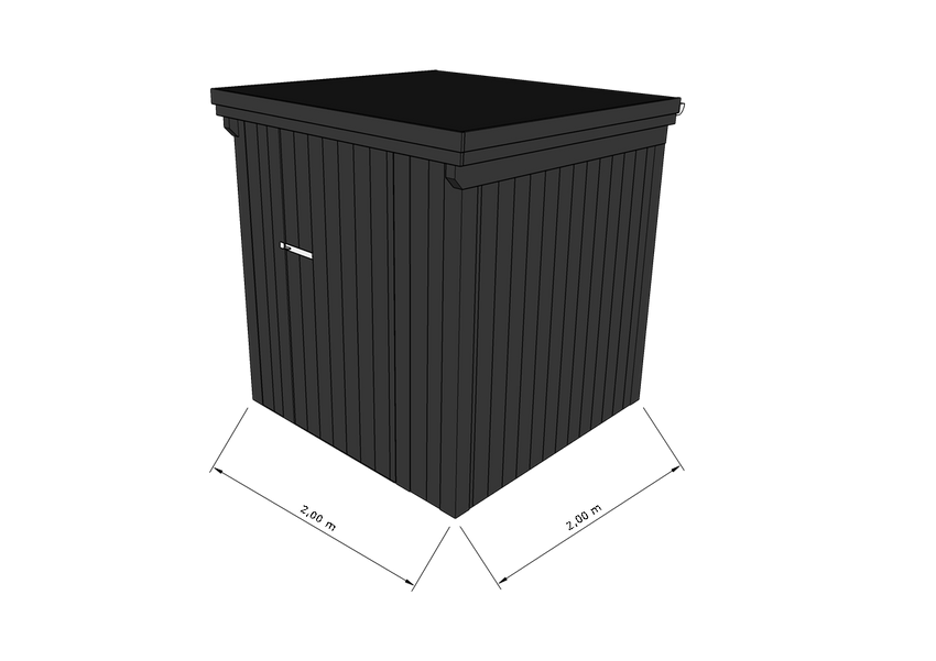 Technische Skizze eines Holzgerätehauses mit Tür, Wänden, Dach in Frontalansicht