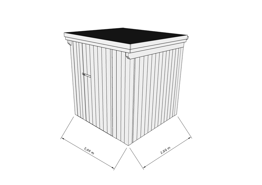 Technische Skizze eines Holzgerätehauses mit Tür, Wänden, Dach in Frontalansicht