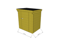 Technische Skizze eines Holzgerätehauses mit Tür, Wänden, Dach in Frontalansicht